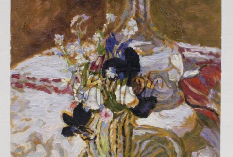 Bouquet of Pansies, Myosotis and Daisies in front of a Carafe, on a Table