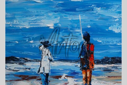 Original Abstract Knife Painting Playing at the Sea