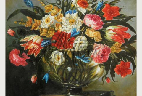 Still Life with Roses, Tiger Tulips, White and Blue Aquilegia, Peonies and Delphinium