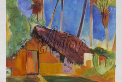 Thatched Hut under Palm Trees